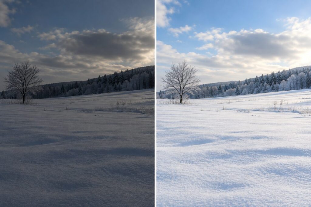 雪景色の露出補正 暗く写った写真と明るく補正した写真